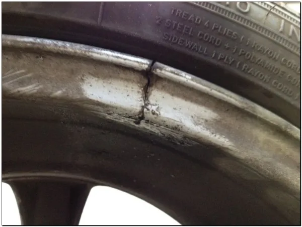 Cracked rim before repair — Footworks Custom Wheels rim repair, Jacksonville FL